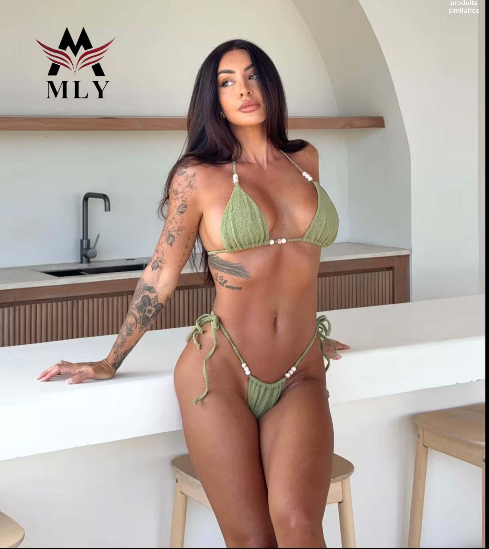 Bikini “Olive Pearl” – Deux pièces à perles ajustables